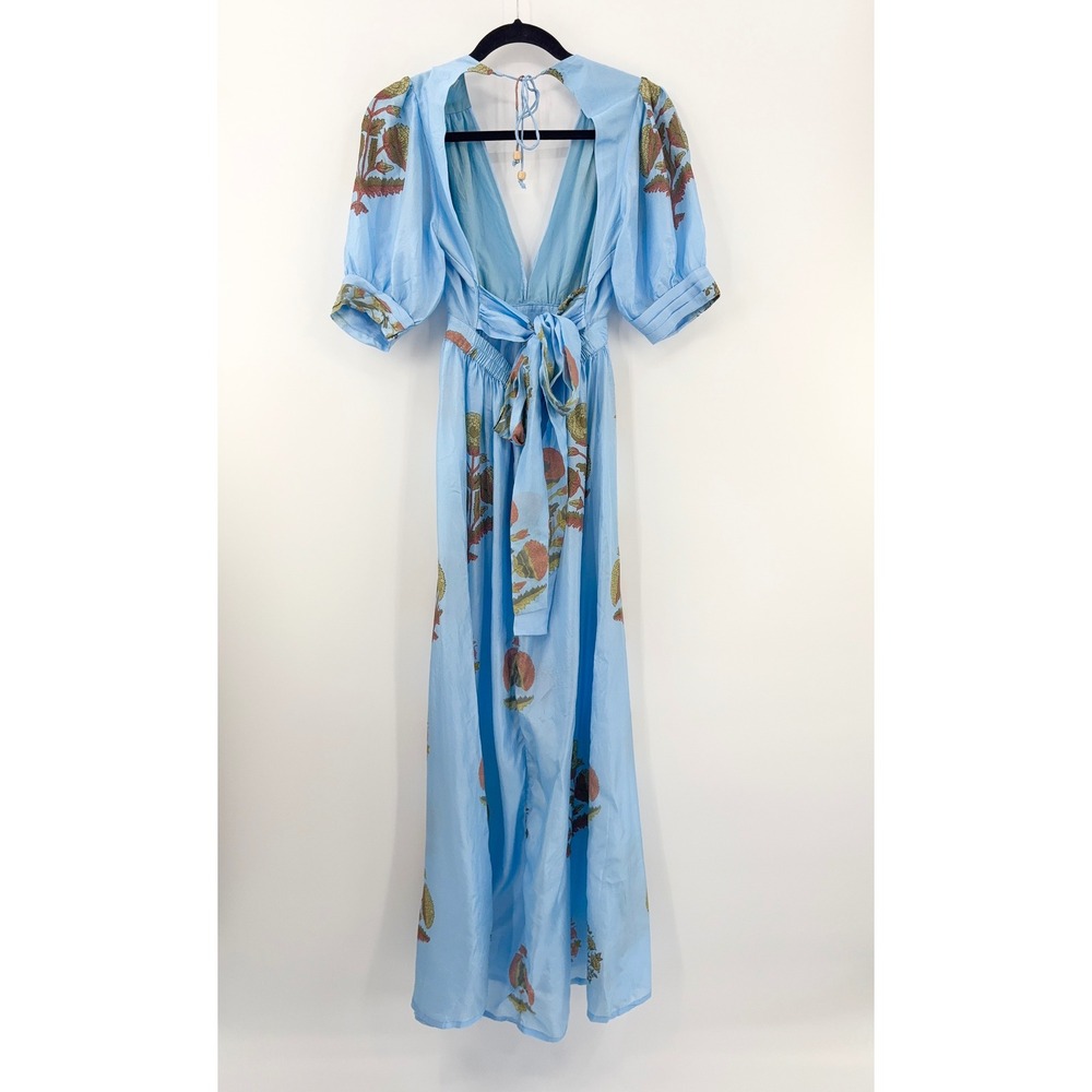 B43 Hannah Artwear Surya Floral Silk Maxi Dress Womens 1 US 6 Blue Puff Sleeve - Picture 5 of 15